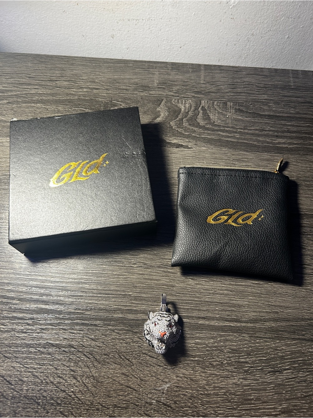 GLD Black Leather Zip Pouch with Crystal Tiger Pendant